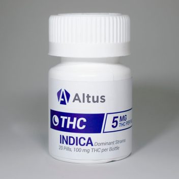 White bottle of Altus THC Indica pills. Cannabis edibles.