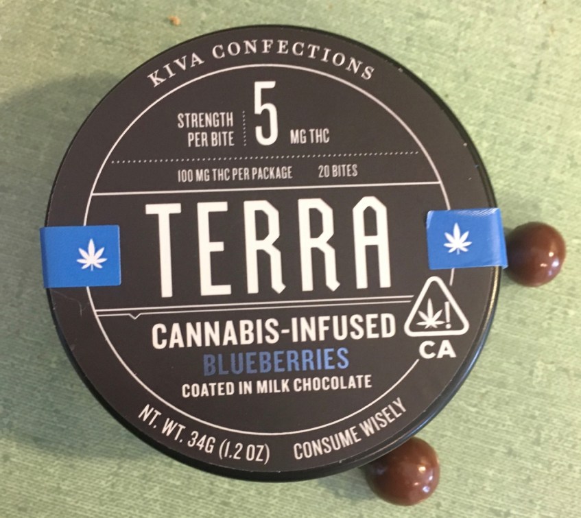 Closed canister of Kiva Terra Cannabis Infused blueberries. 20 5mg pieces.