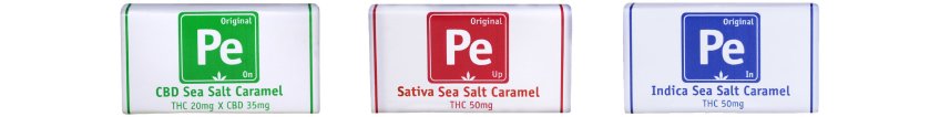Rectangular packaging of Periodic Sea Salt Caramels in CBD, Sativa and Indica.