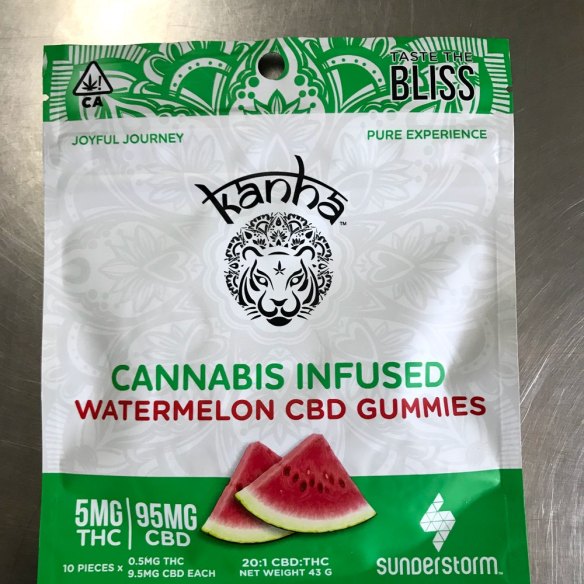 kanha brand cbd watermleon gummies with 95mg of cbd and 5mg of THC