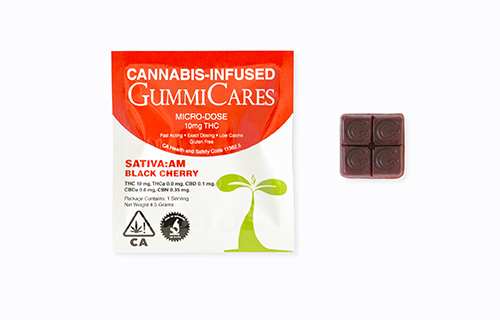 GummiCares cannabis infused gummies black cherry flavor sativa:am formula 10mg dose package