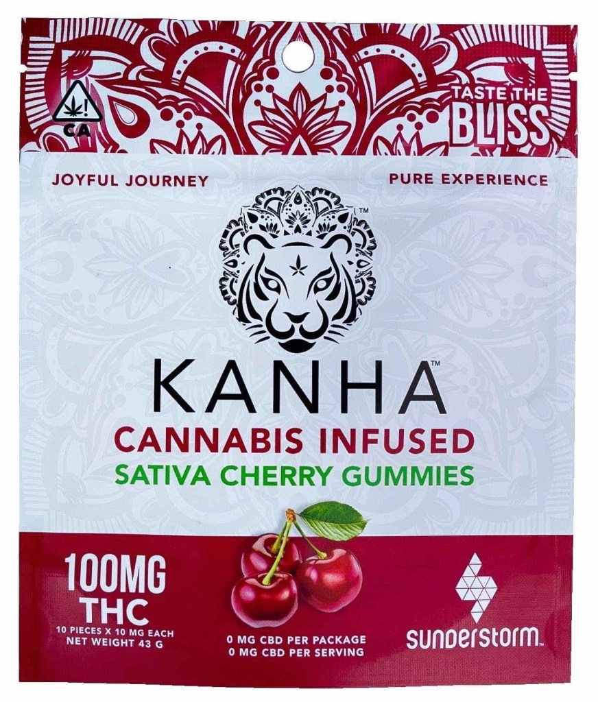 Kanha Cannabis Infused Sativa Cherry Gummies, package of 100mg THC