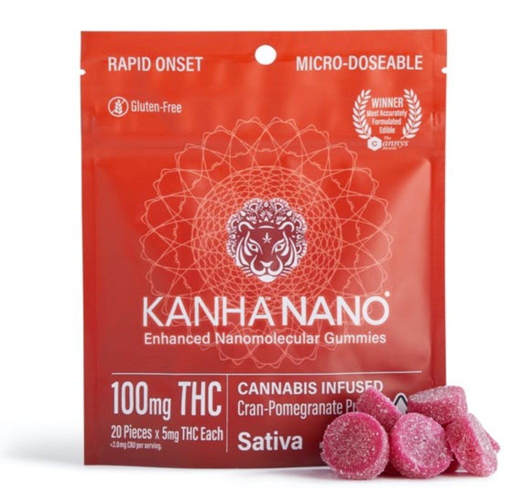 Kanha Nano Cannabis Infused Sativa Cran-Pomegrante Punch Gummies, package of 100mg THC