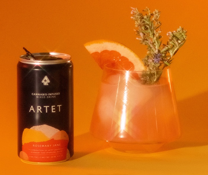 Artet Cannabis Infused Mixed Drink Rosemary Jane flavor eight ounces next to cocktail glass with rosemary stem and grapefruit slice
